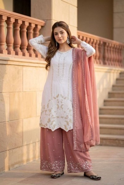 Portable Dusty Pink Embroidered Palazzo Set with Pearl Moti Handwork for Festive Wear Ready To Wear Collection