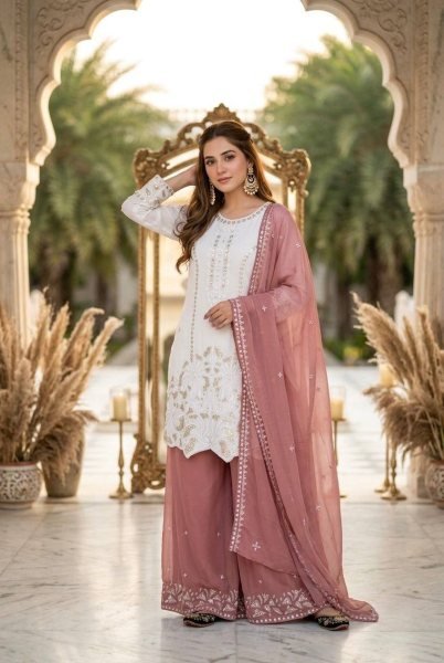 Portable Dusty Pink Embroidered Palazzo Set with Pearl Moti Handwork for Festive Wear Ready To Wear Collection