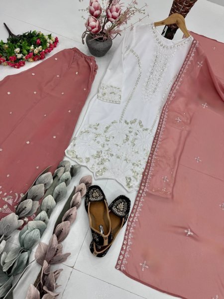 Portable Dusty Pink Embroidered Palazzo Set with Pearl Moti Handwork for Festive Wear Ready To Wear Collection