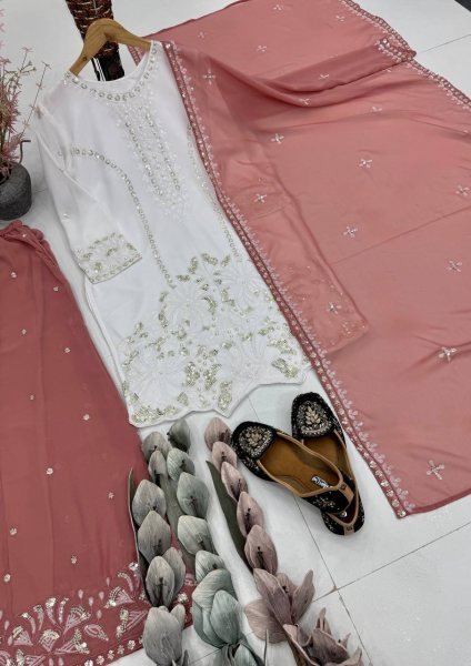 Portable Dusty Pink Embroidered Palazzo Set with Pearl Moti Handwork for Festive Wear Ready To Wear Collection