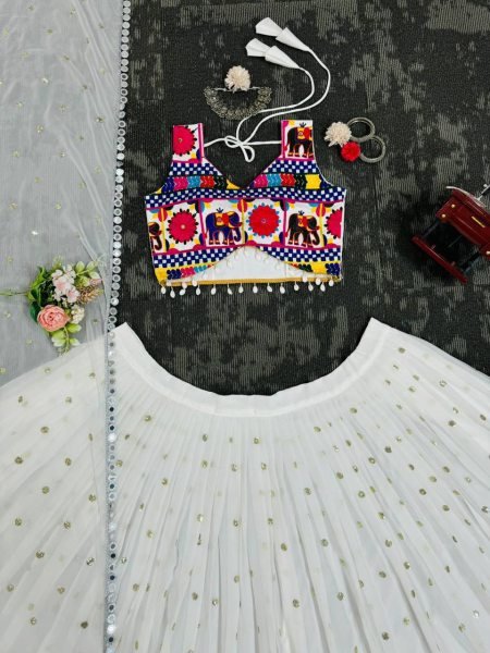 Portable Georgette Lehenga Choli with Sequence Chain and Real Mirror Work For Garba Special Navratri Lehnega Choli