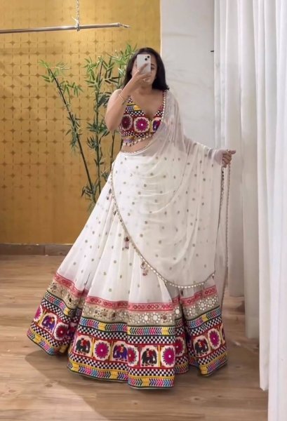 Portable Georgette Lehenga Choli with Sequence Chain and Real Mirror Work For Garba Special Navratri Lehnega Choli