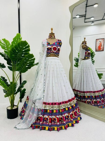 Portable Georgette Lehenga Choli with Sequence Chain and Real Mirror Work For Garba Special Navratri Lehnega Choli