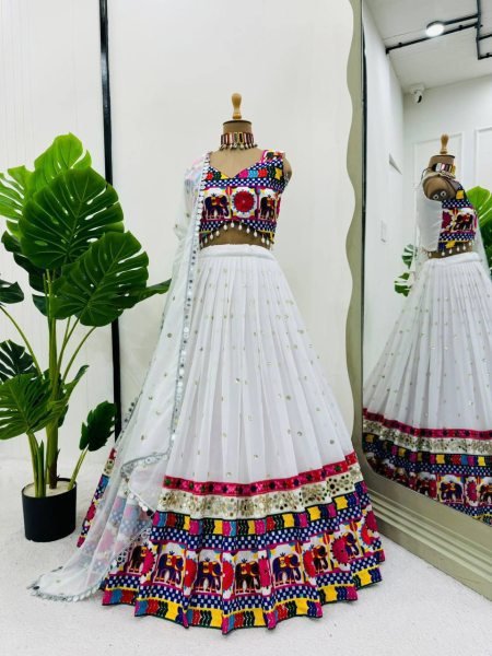 Portable Georgette Lehenga Choli with Sequence Chain and Real Mirror Work For Garba Special Navratri Lehnega Choli