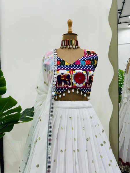 Portable Georgette Lehenga Choli with Sequence Chain and Real Mirror Work For Garba Special Navratri Lehnega Choli