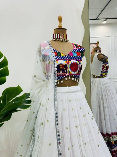 Portable Georgette Lehenga Choli with Sequence Chain and Real Mirror Work For Garba Special Navratri Lehnega Choli