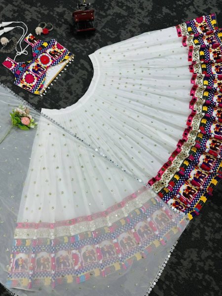 Portable Georgette Lehenga Choli with Sequence Chain and Real Mirror Work For Garba Special Navratri Lehnega Choli
