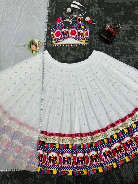 Portable Georgette Lehenga Choli with Sequence Chain and Real Mirror Work For Garba Special Navratri Lehnega Choli