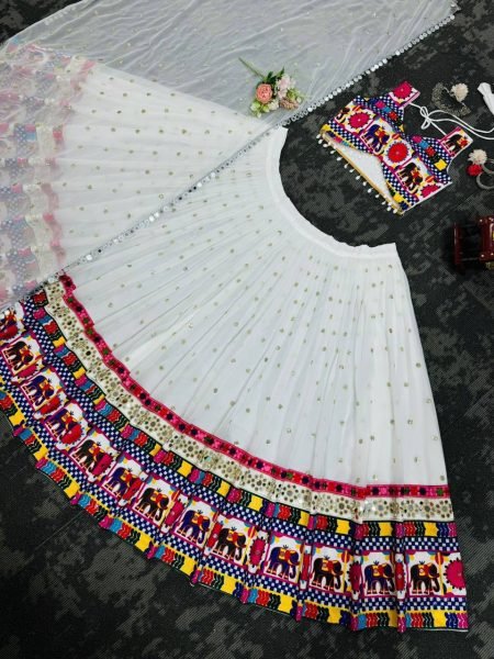 Portable Georgette Lehenga Choli with Sequence Chain and Real Mirror Work For Garba Special Navratri Lehnega Choli