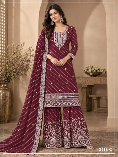 Portable Maroon Heavy Faux Georgette Embroidered Top Bottom Dupatta Set 