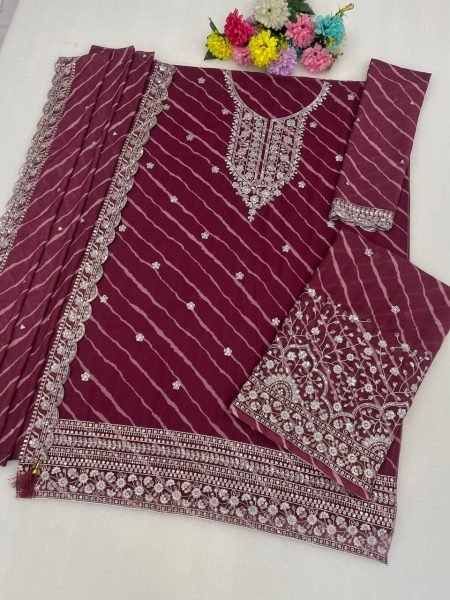 Portable Maroon Heavy Faux Georgette Embroidered Top Bottom Dupatta Set Designer Plazzo Salwar Suits Wholesale