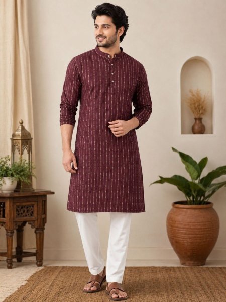 Portable Maroon Men s Cotton Jacquard Kurta Pajama Set at Wholesale Rate 