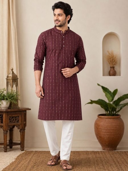 Portable Maroon Men s Cotton Jacquard Kurta Pajama Set at Wholesale Rate Kurta Pajama Wholesale