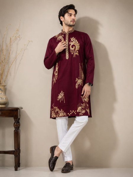 Portable Maroon Men s Lachka Kurta Pyjama Set with Heavy Embroidery Work Kurta Pajama Wholesale