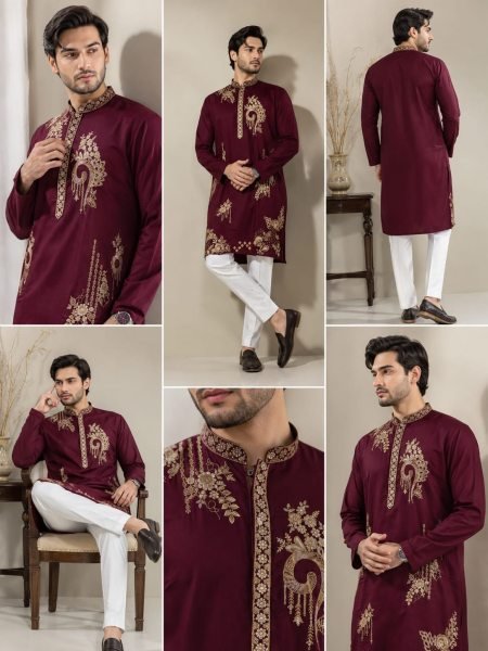 Portable Maroon Men s Lachka Kurta Pyjama Set with Heavy Embroidery Work Kurta Pajama Wholesale