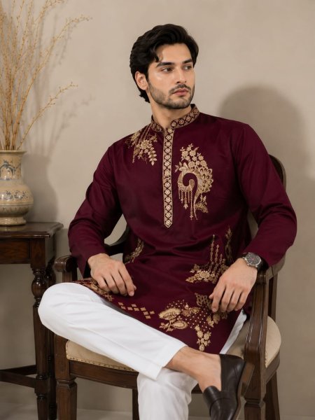 Portable Maroon Men s Lachka Kurta Pyjama Set with Heavy Embroidery Work Kurta Pajama Wholesale