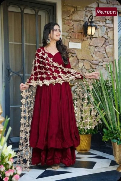 Portable Maroon Royal Look Anarkali Dress with Heavy Dupatta for Women Ready To Wear Collection