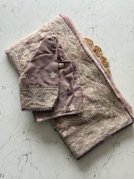 Portable Mauve Chikankari Saree with Multy Thread Work Unstitched Blouse at Manufacturer  Georgette Sarees Wholesale