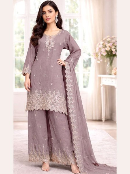 Portable Mauve Elegant Beads and Sequins Embroidered Palazzo Suit for Women Salwar Kameez