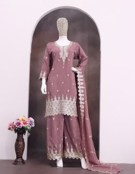 Portable Mauve Elegant Beads and Sequins Embroidered Palazzo Suit for Women Designer Plazzo Salwar Suits Wholesale