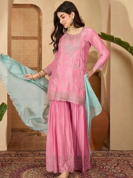 Portable Pink CP Vichitra Embroidered Suit Set with Organza Dupatta at Manufacturer Rate 3 Piece Kurti Set