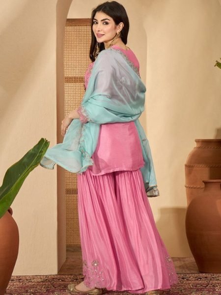 Portable Pink CP Vichitra Embroidered Suit Set with Organza Dupatta at Manufacturer Rate 3 Piece Kurti Set