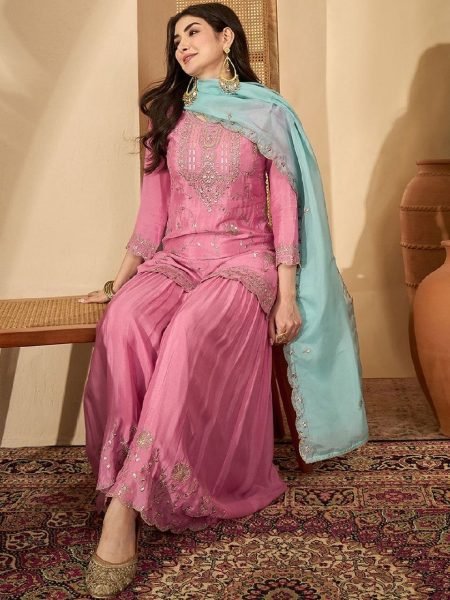 Portable Pink CP Vichitra Embroidered Suit Set with Organza Dupatta at Manufacturer Rate 3 Piece Kurti Set