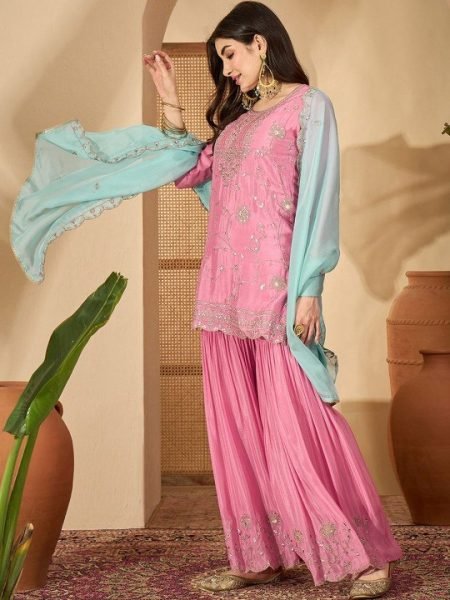 Portable Pink CP Vichitra Embroidered Suit Set with Organza Dupatta at Manufacturer Rate 3 Piece Kurti Set