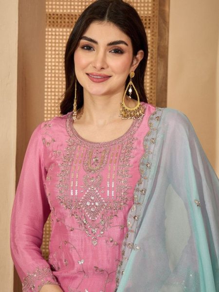 Portable Pink CP Vichitra Embroidered Suit Set with Organza Dupatta at Manufacturer Rate 3 Piece Kurti Set