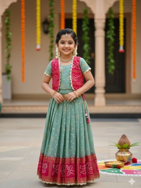 Portable Pink Green Kids Gown with Coat Set for Traditional and Party Wear Kurtis