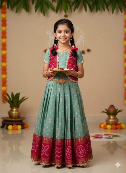 Portable Pink Green Kids Gown with Coat Set for Traditional and Party Wear Girls Wear
