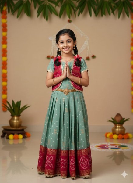 Portable Pink Green Kids Gown with Coat Set for Traditional and Party Wear Girls Wear