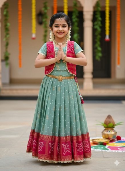 Portable Pink Green Kids Gown with Coat Set for Traditional and Party Wear Girls Wear