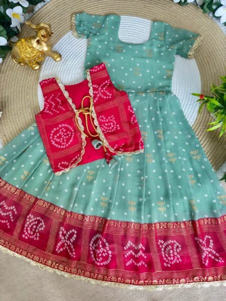 Portable Pink Green Kids Gown with Coat Set for Traditional and Party Wear Girls Wear