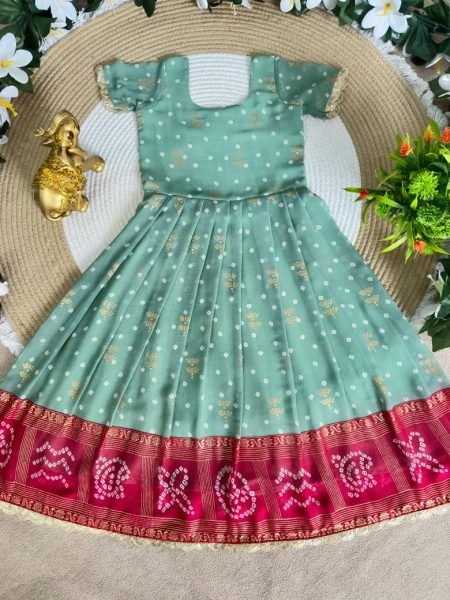 Portable Pink Green Kids Gown with Coat Set for Traditional and Party Wear Girls Wear