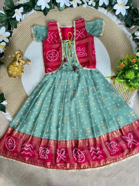 Portable Pink Green Kids Gown with Coat Set for Traditional and Party Wear Girls Wear