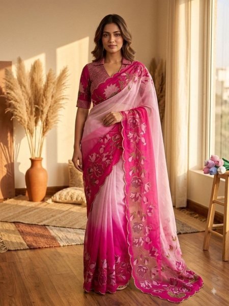 Portable Pink Premium Soft Tebby Silk Floral Print Saree with Katdana Handwork For Party Sarees 