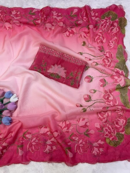 Portable Pink Premium Soft Tebby Silk Floral Print Saree with Katdana Handwork For Party Silk Sarees Wholesale