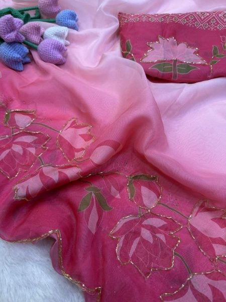 Portable Pink Premium Soft Tebby Silk Floral Print Saree with Katdana Handwork For Party Silk Sarees Wholesale