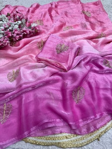 Portable Pink Premium Space Silk Saree with Padded Blouse for Women Sarees 