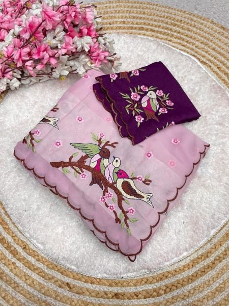 Portable Pink Star Georgette Saree with Beautiful Multi Embroidery Work for Reseller Bollywood Fancy Sarees Wholesale