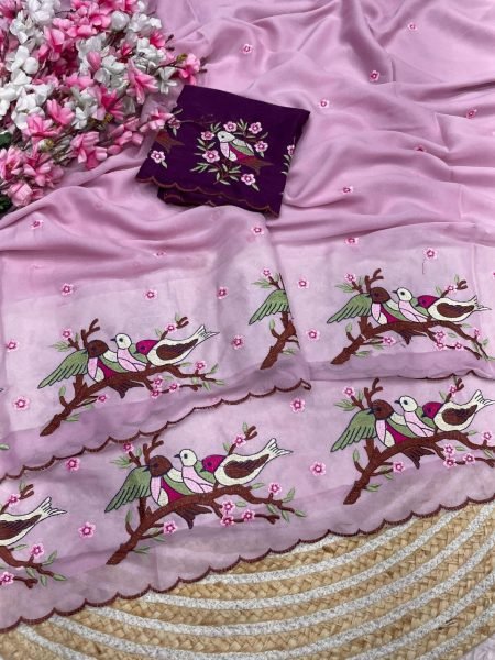 Portable Pink Star Georgette Saree with Beautiful Multi Embroidery Work for Reseller Bollywood Fancy Sarees Wholesale