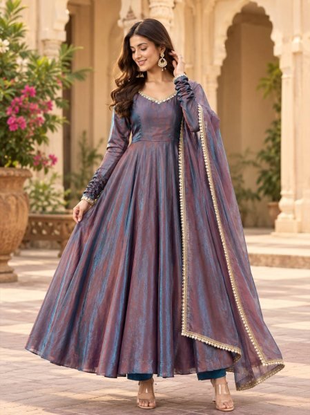 Portable Purple Designer Fendy Silk Gown with Real Mirror Work and Matching Dupatta Ready To Wear Collection