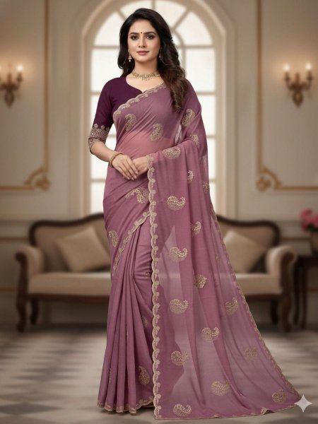 Portable Purple Premium Party Wear Star Georgette Saree with Sequence Work Detailing Sarees 