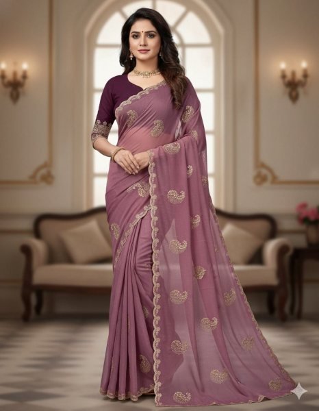 Portable Purple Premium Party Wear Star Georgette Saree with Sequence Work Detailing Embroidery Sarees Wholesale