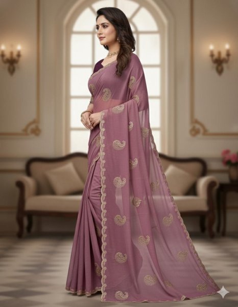 Portable Purple Premium Party Wear Star Georgette Saree with Sequence Work Detailing Embroidery Sarees Wholesale