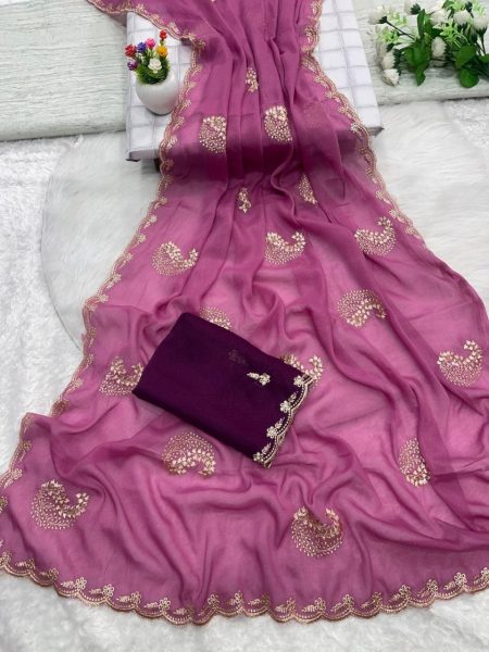 Portable Purple Premium Party Wear Star Georgette Saree with Sequence Work Detailing Embroidery Sarees Wholesale