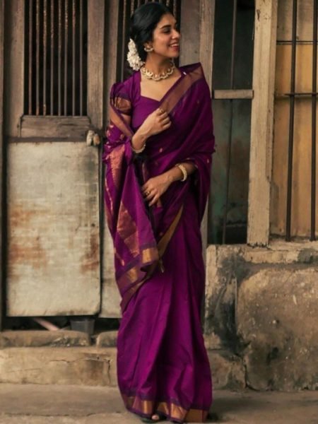 Portable Purple Wedding Wear Soft Silk Saree with Designer Jacquard Border South Indian Saree 