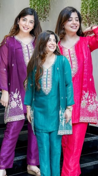 Portable Rani Pink Premium Women's Chinnon Silk Embroidered Kurti Palazzo Set CO ORD Sets