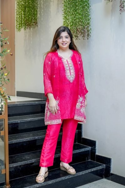 Portable Rani Pink Premium Women's Chinnon Silk Embroidered Kurti Palazzo Set CO ORD Sets